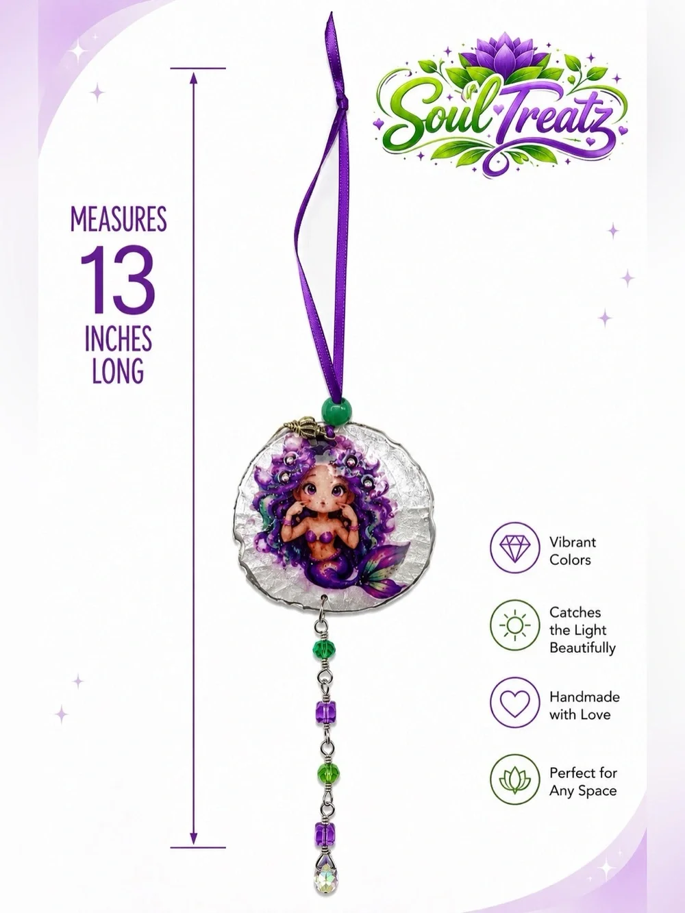 Purple & Green Decoupage Mermaid Sand Dollar Crystal Sun Catcher